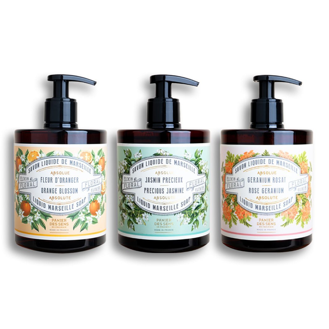 Trio di saponi liquidi di Marsiglia - Fiori d'arancio, Gelsomino, Geranio 3x500ml - Panier des Sens