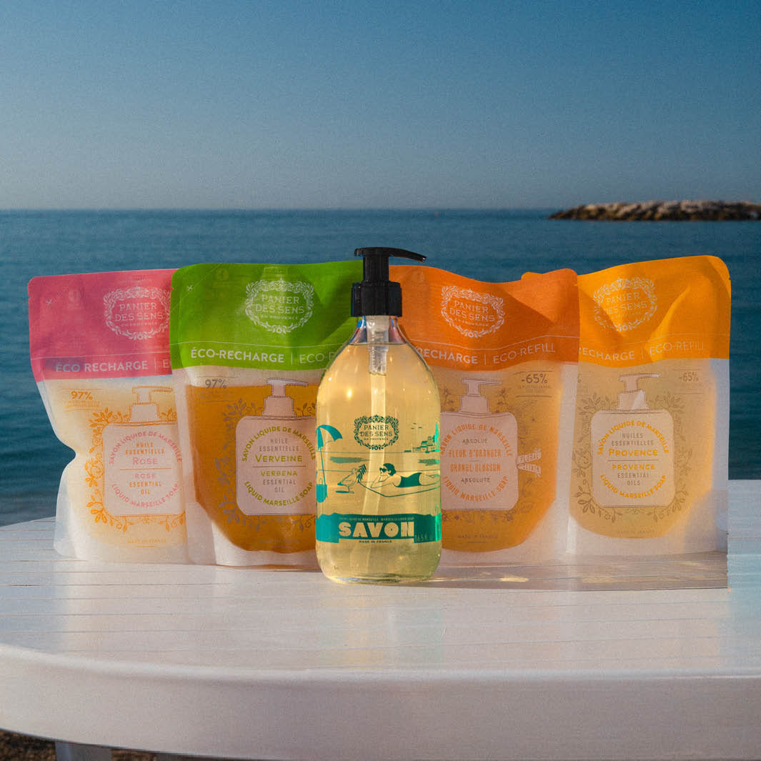 Jabón líquido de Marsella Olive Edición limitada 25 años + 4 recambios - Flor de naranjo, verbena, rosa y Provenza - Panier des Sens