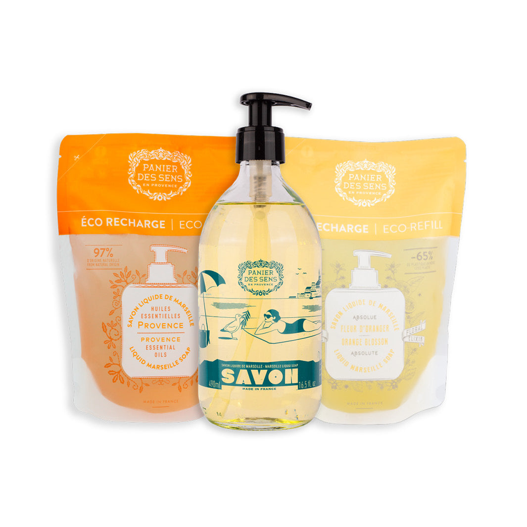 Sapone di Marsiglia liquido Edizione limitata 25 anni + 2 ricariche - Fiore d'arancio, Provenza