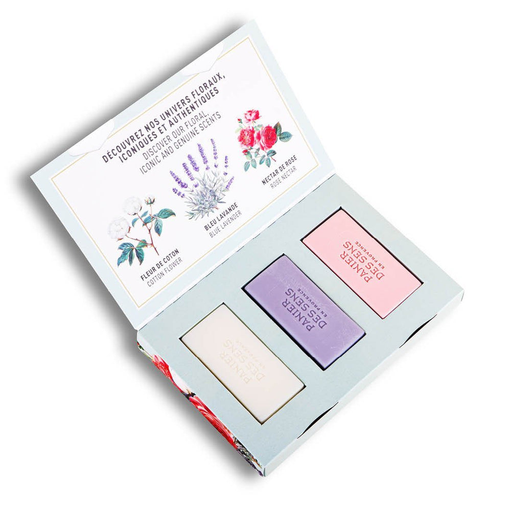Coffret cadeau 3 savons solides parfumés - Coton, Lavande, Nectar de Rose 3x100g - Panier des Sens