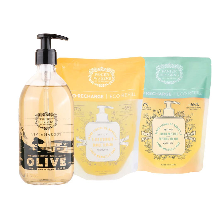 Sapone di Marsiglia liquido Olive edizione limitata + 2 ricariche - Fiori d'arancio, Gelsomino - Panier des Sens
