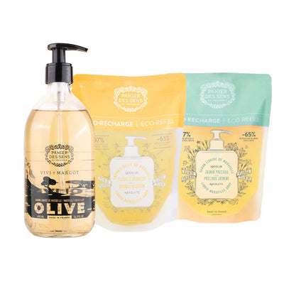 Savon liquide de Marseille Olive édition limitée + 2 recharges - Fleur d'Oranger, Jasmin - Panier des Sens