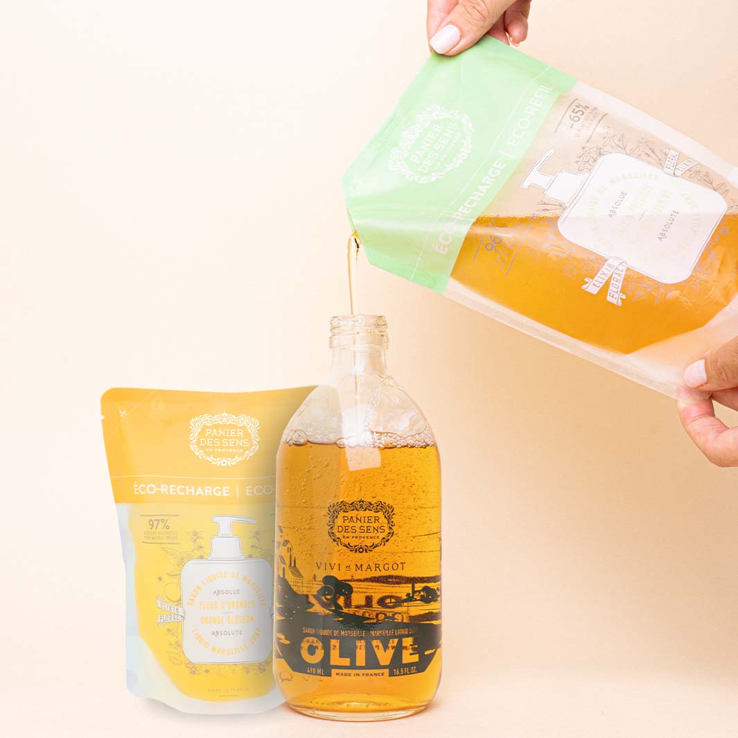 Sapone di Marsiglia liquido Olive edizione limitata + 2 ricariche - Fiori d'arancio, Gelsomino - Panier des Sens