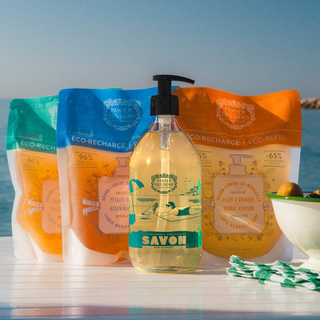 Savon de Marseille flüssig Limited Edition 25 Jahre + 3 Nachfüllpackungen – Orangenblüte, Eisenkraut und Irisblüten – Panier des Sens