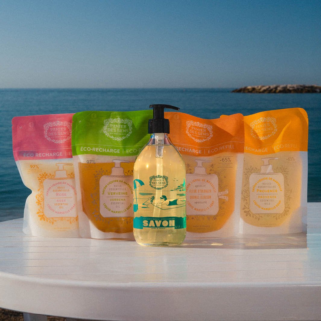 Savon liquide de Marseille Olive Édition limitée 25 ans + 4 recharges - Fleur d'Oranger, Verveine, Rose et Provence - Panier des Sens