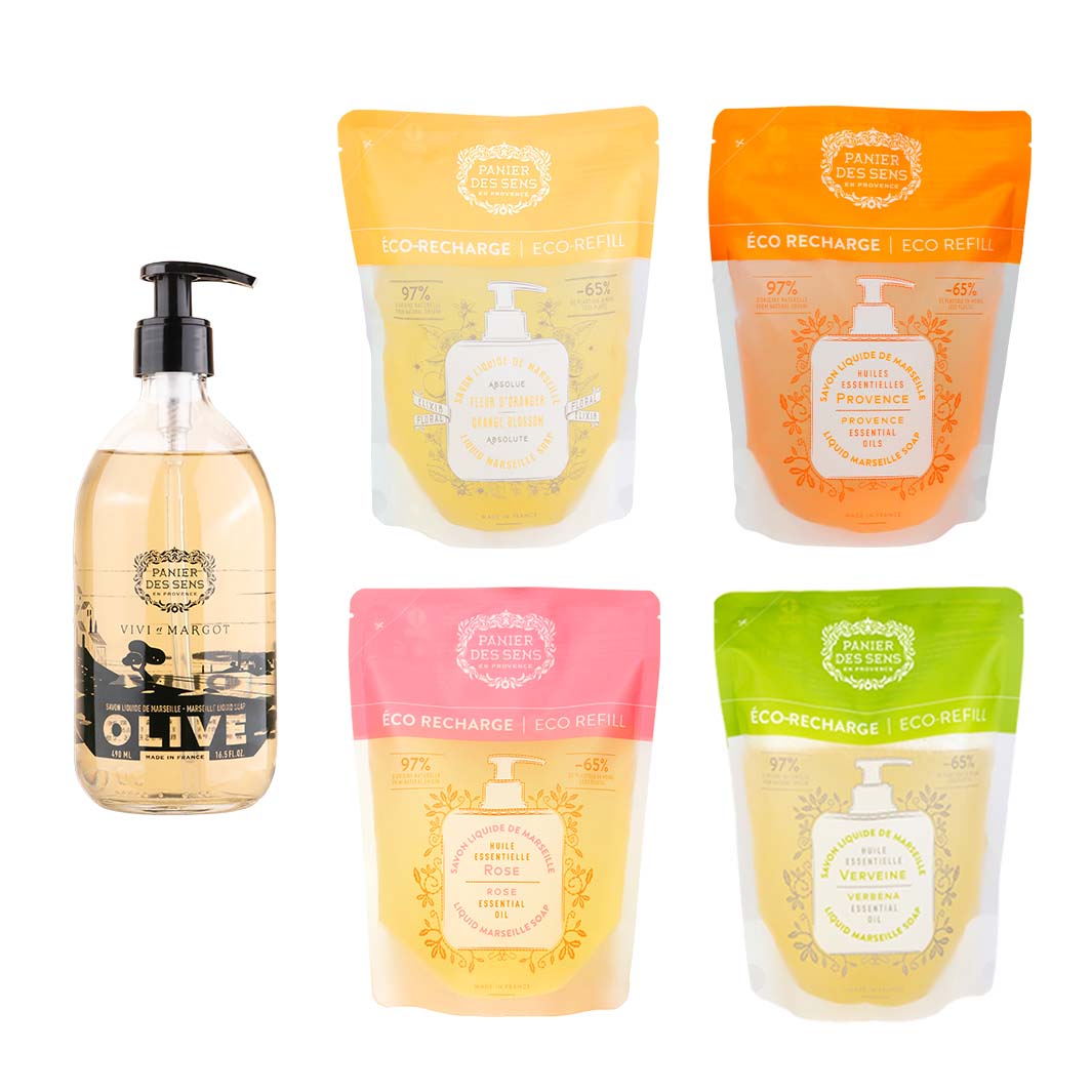 Sapone di Marsiglia liquido Olive edizione limitata + 4 ricariche - Fiori d'arancio, Verbena, Rosa, Provenza - Panier des Sens