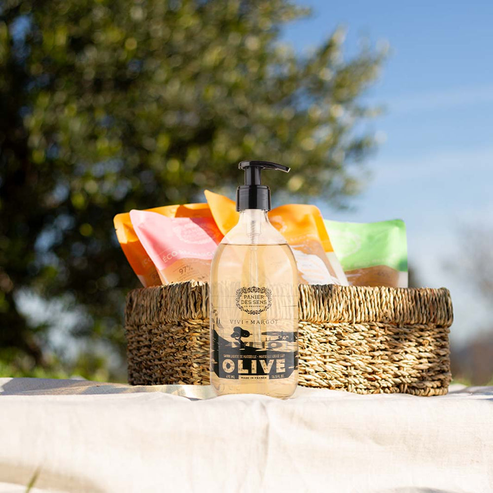 Savon liquide de Marseille Olive édition limitée + 4 recharges - Fleur d'Oranger, Verveine, Rose, Provence (VP) - Panier des Sens